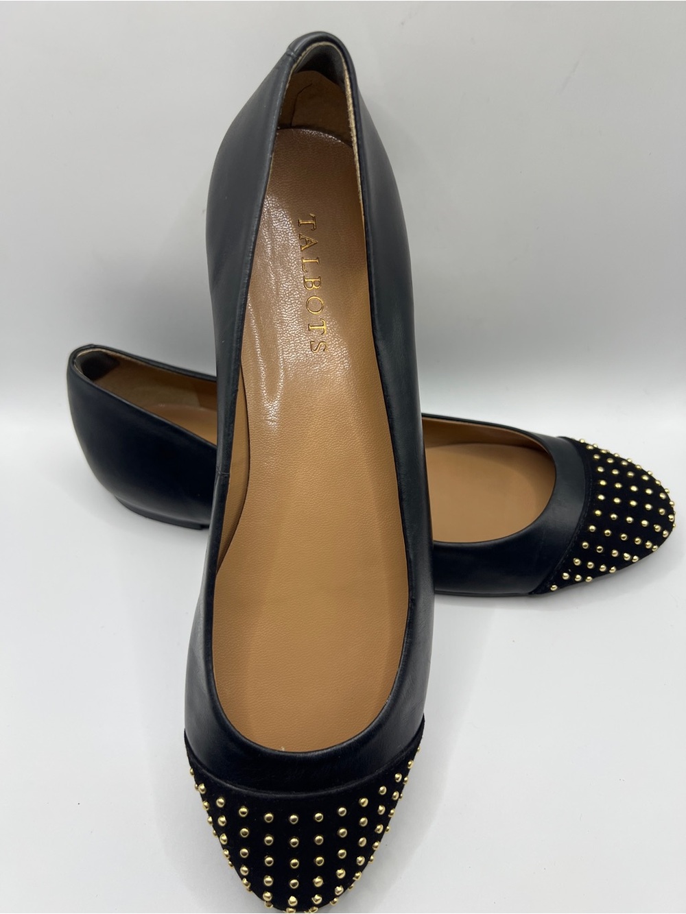 Talbots Black Leather Ballet Flats with Gold Studded Toe Cap